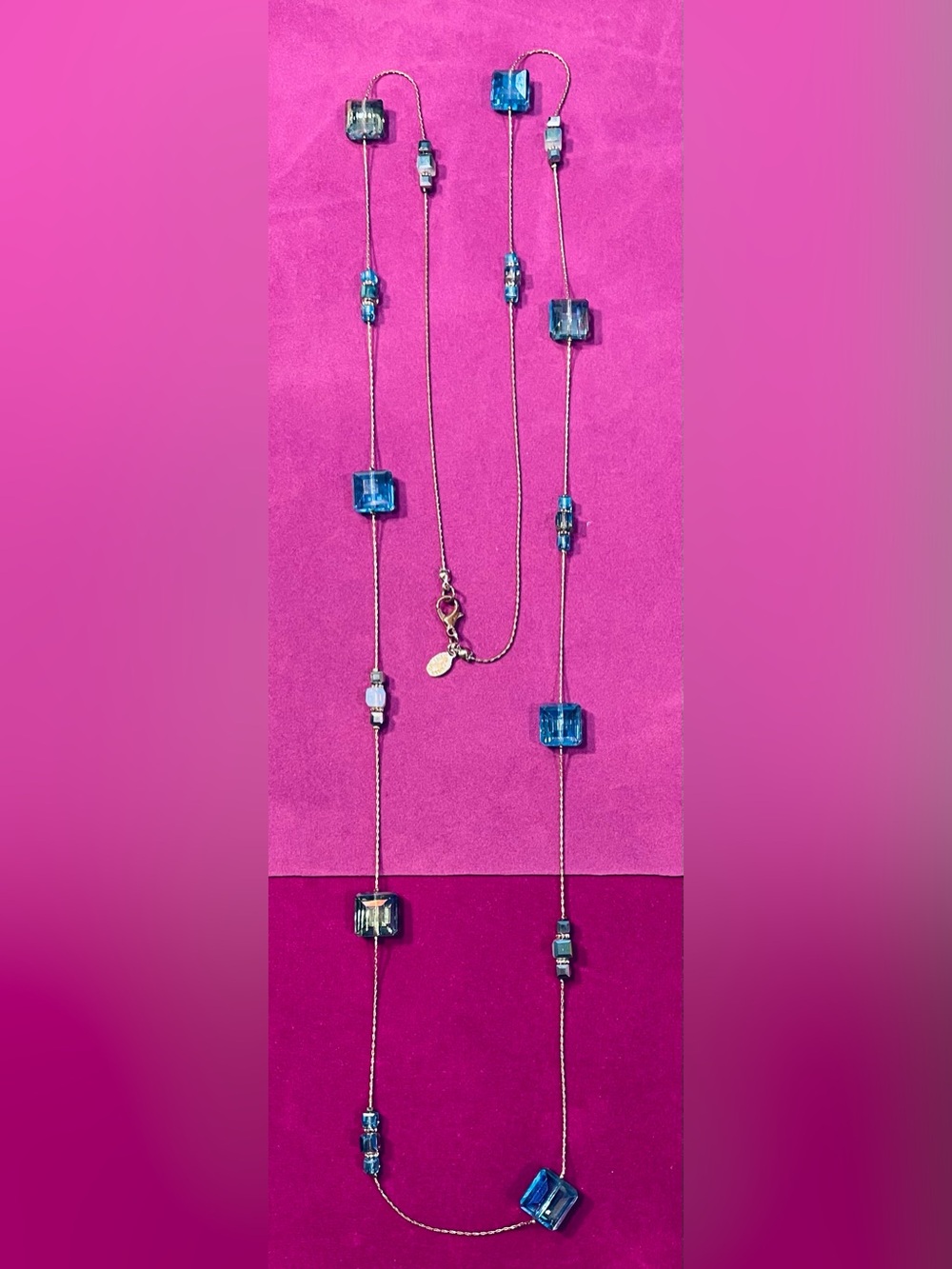 ALI KHAN CRYSTAL NECKLACE 24” shades of Blue purple green crystal on gold chain